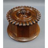 Octagonal fruitwood tea caddy the lid with gadrooned edge, with lead lining and on a circular