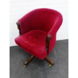 Mahogany framed tub / desk chair, with red plush upholstered back, arms and seat, on splayed