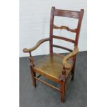 Provincial oak / elm ladderback open armchair, with solid seat and tapering square supports, 107 x