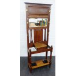 Early 20th century oak hall stand, with mirrored back, lift up glove box, two stick stands with drip