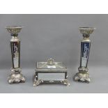 Pair of contemporary resin and glass faux silver gilt wood candlesticks, together with a matching