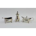 Birmingham silver three piece condiment set comprising pepper pot, salt and mustard with blue