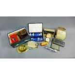 Carton containing vintage cameras, pens, Matchbox toy, dominoes, Epns teaspoons etc., (a large lot)