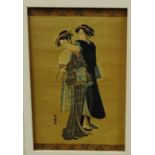 Japanese woodblock print of two Geisha's, with artist character marks bottom left, in a mount but