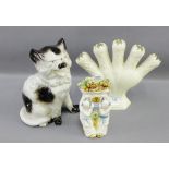 19th century cream ware Tulip vase, together with a Scottish pottery Cat and a Chinese wall