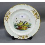 19th century porcelain cabinet plate with hand painted Grey Wagtail pattern with floral moulded