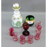 Collection of coloured and enamelled glass to include an opaque glass scene bottle and stopper (a/