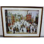 L.S. Lowry 'Village Square' Coloured print in a glazed frame, 70 x 55cm