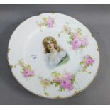 Bavarian porcelain charger with head and shoulders portrait of a young woman and rose sprays with