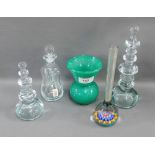 Art glass to include a miniature Holmegaard gurgle decanter and stopper and a Scottish green glass