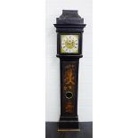 Georgian black Japanned longcase clock, with a caddy top and blind fret over a brass dial with