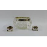 Edwardian silver rimmed cut glass bowl, London 1908 together with a pair of silver salts, Chester