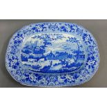 Staffordshire blue and white ashet with floral borders with windmill and watermill landscape