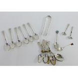 A quantity of various silver and white metal teaspoons and sugar tongs (a lot)