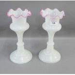 Two opaque glass vases with pink frilled rims, 26cm high, (2)