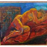 20th Century School 'Reclining Nude' Oil-on-Board, framed, apparently unsigned, 90 x 80cm