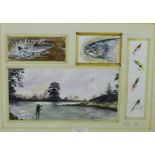 Collection of four fishing related watercolours contained within a single frame, signed