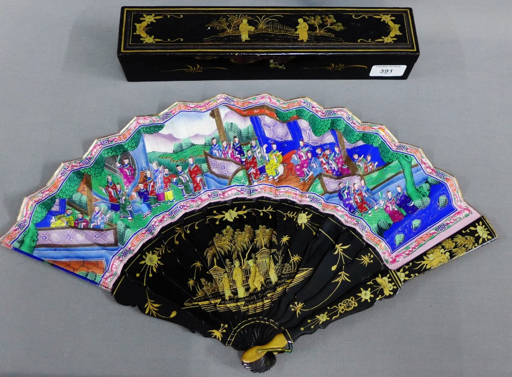 Chinese lacquered fan, finely painted with figures with shell or ivory faces, in a fitted lacquer