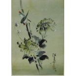 20th Century School 'Chrysanthemums and Birds' Watercolour, signed with a monogram, in a glazed