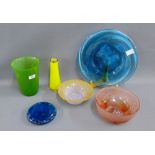 Collection of coloured glass to include a pink Jobling Art Deco glass bowl with flying birds