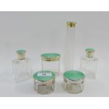 George V set of six enamel and silver topped glass bottles, London 1930, tallest 17cm (6)