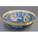 Contemporary Chinese punch bowl, the blue ground with figural panels and foliage, 31cm diameter