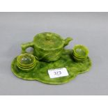 Green hardstone miniature tea or saki set comprising pot, shaped tray (15cm wide) and six small