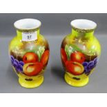 Pair of fruit china hand painted baluster vases signed Kato, 18cm, (2)