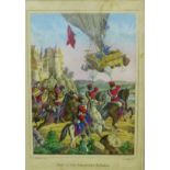 German coloured lithographic print of a Hot Air Balloon, in a glazed frame, 17 x 24cm