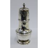 Edwardian silver sugar castor of baluster form, with foliate pierced top and finial, Chester 1910,