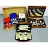 Oak cased cutlery canteen, another smaller and various cased sets of flatware, (a lot)