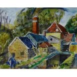 Elspeth 'Village' Watercolour, signed in a glazed frame, 46 x 36cm