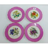 Set of four 19th century Botanical patterned porcelain plates with pink borders and gilt edged rims,