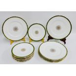 Coalport bone china table wares with green border and gilt edged rims comprising six dinner plates