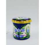 Moorcroft enamel on copper Cornflower's pattern pill box with hinged lid, with printed marks to