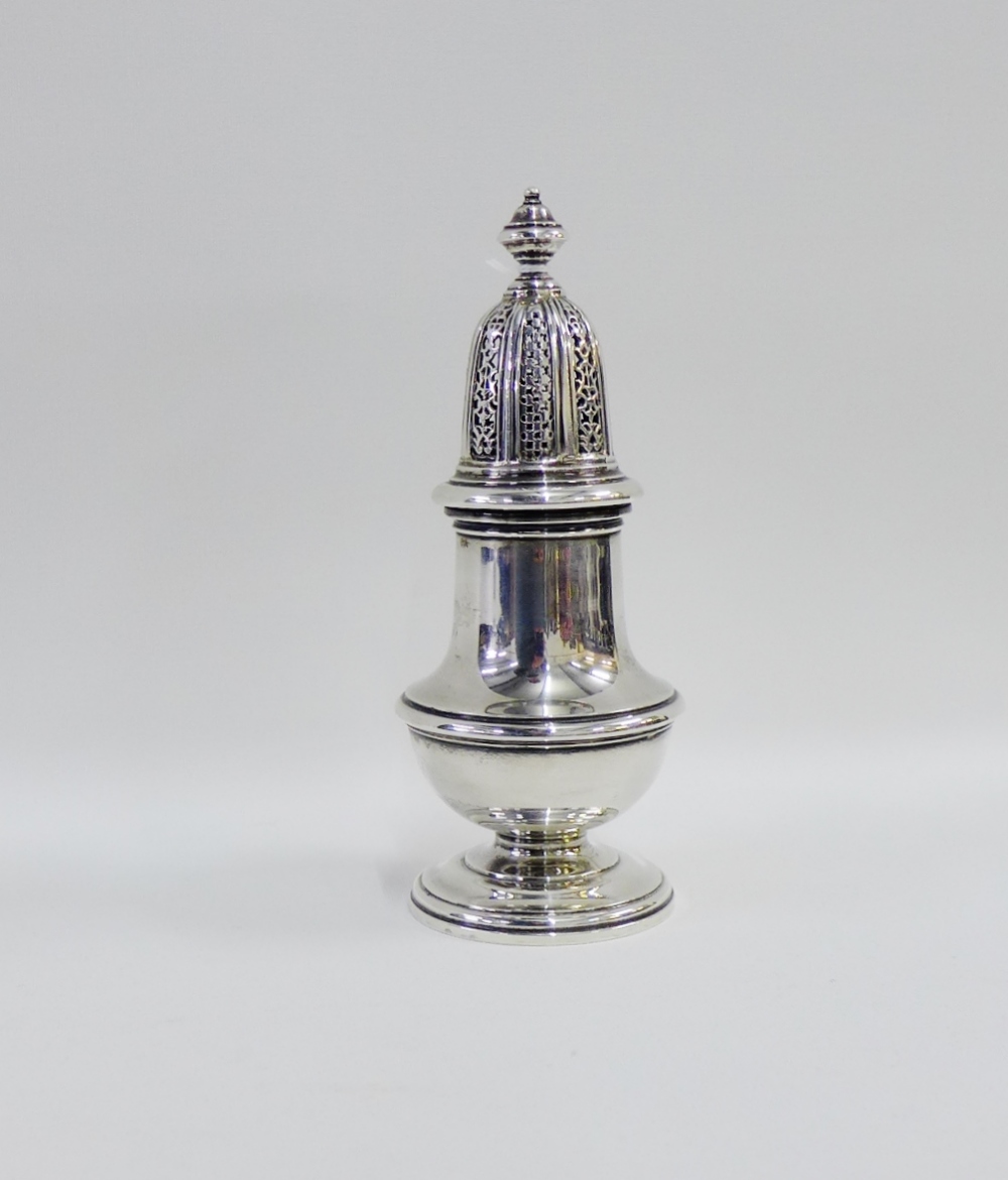 Silver sugar castor of baluster form with foliate pierced top and circular footrim, makers mark