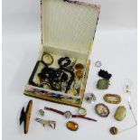 A collection of vintage costume jewellery to include jet beads, Epns sovereign case, etc (a lot)