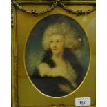 Overpainted print of an 18th century woman, contained within an ornate giltwood frame, 16 x 20cm