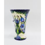 Moorcroft pottery vase with flared rim and tube lined blue floral pattern by S. Hays, circa 2001,