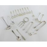 A mixed lot of silver and Epns flatware to include teaspoons, sauce ladles and sugar tongs, etc (a