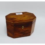 19th Century octagonal mahogany tea caddy, the hinged lid with an inlaid urn motif with boxwood