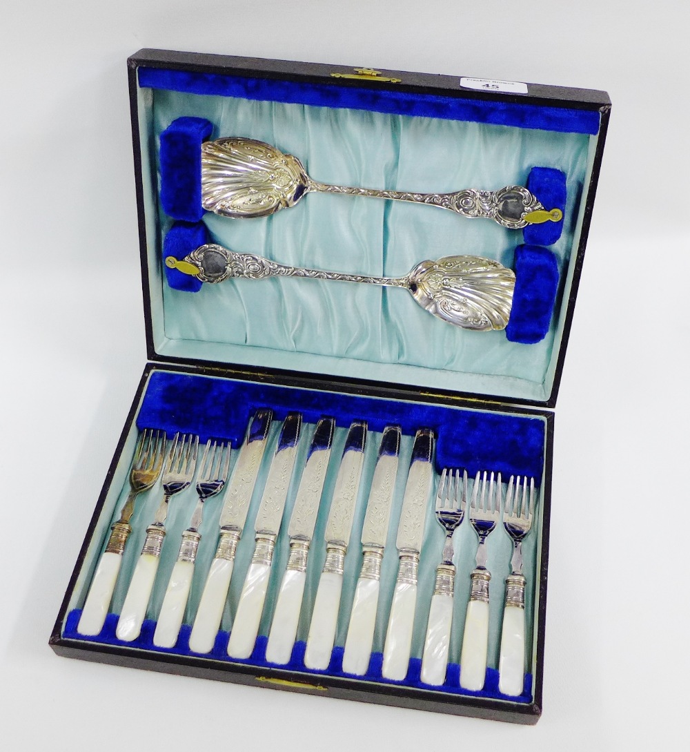 Cased set of six Epns and mother of pearl handled fruit knives and forks complete with a pair of