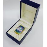 Moorcroft enamel on copper rectangular pill box, the hinged lid with irises pattern, complete with