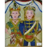 Painting on glass of a male and female in Ceremonial costumes, framed, 29 x 36cm