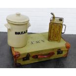 Vintage travel case, together with a ceramic bread jar and an Esso blue paraffin can, (3)