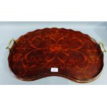 Mahogany and inlaid kidney shaped tray with brass handles