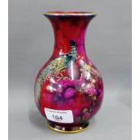 Bernard Moore Flambe glazed baluster vase with Peacock pattern and gilt edged rims, 16cm high