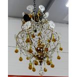 Gilt wood light fitting with amber glass drops, approx 70cm long