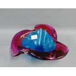 Vintage Murano red and blue art glass bowl of trefoil form, 28cm wide