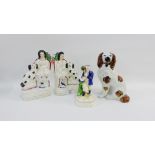 Collection of Staffordshire flatbacks and figures to include a gardener and a chimney spaniel,